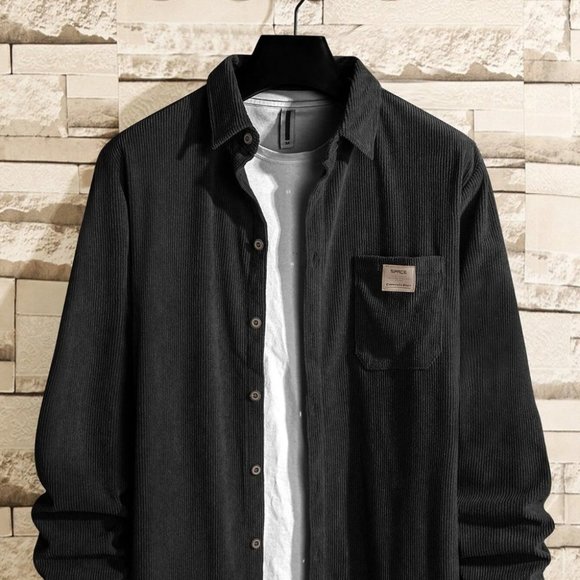 undefined Other - Casual Black Corduroy Men's Solid Shirt